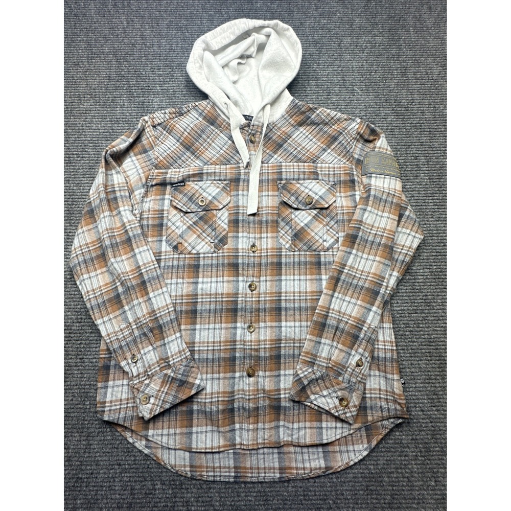 Howitzer Iron Savage Hooded Flannel Men Medium Brown Plaid Button Shirt 371WV049
